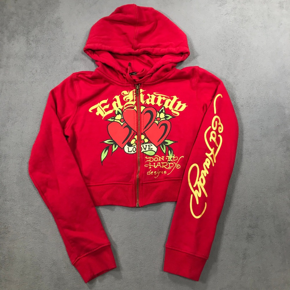 Ed Hardy Zip Hoodie Womens Size M Red Excellent Cropped Tattoo Heart Graphic